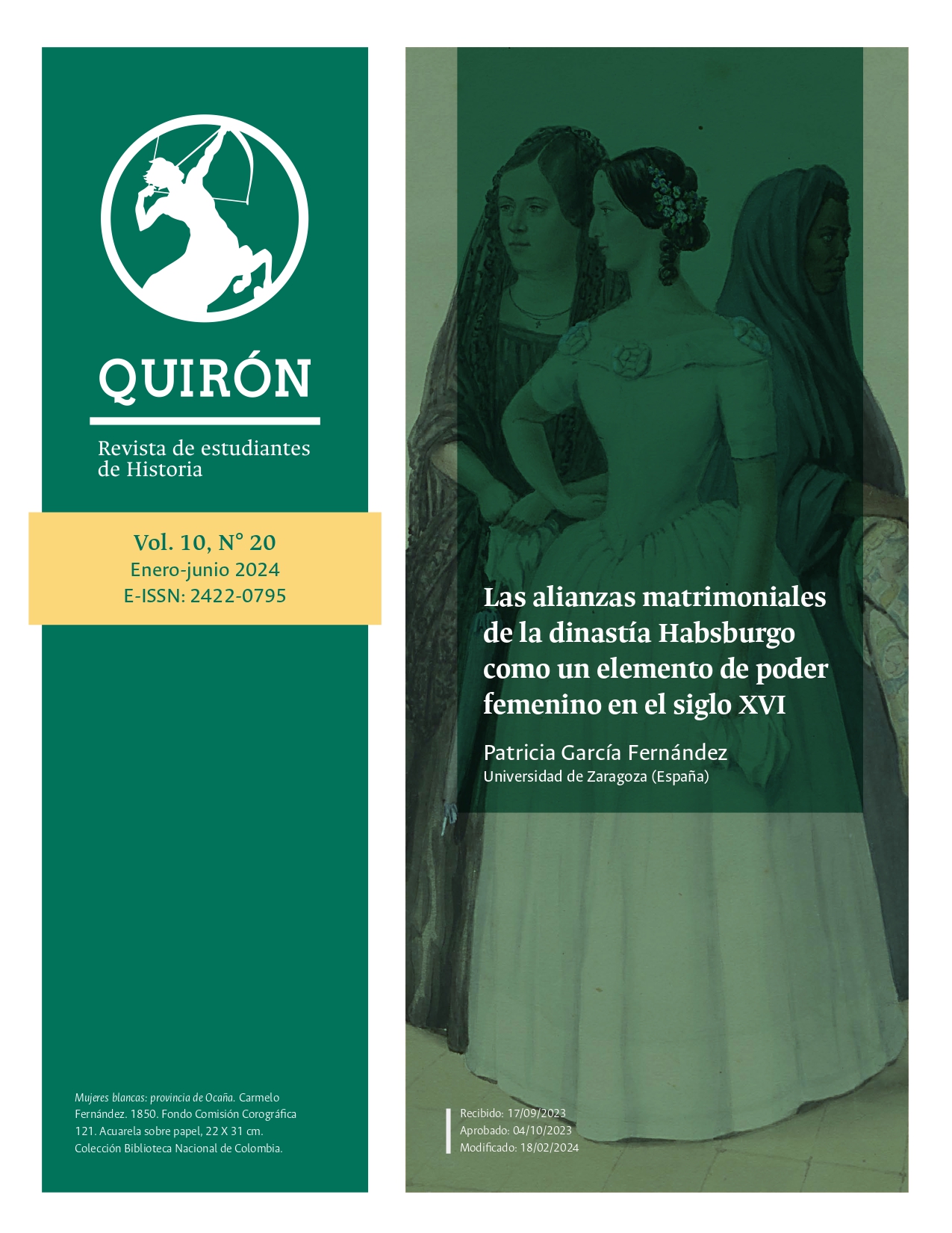 Mujeres blancas: provincia de Ocaña. Carmelo Fernández. 1850. Fondo Comisión Corográfica 121. Acuarela sobre papel, 22 X 31 cm. Colección Biblioteca Nacional de Colombia.